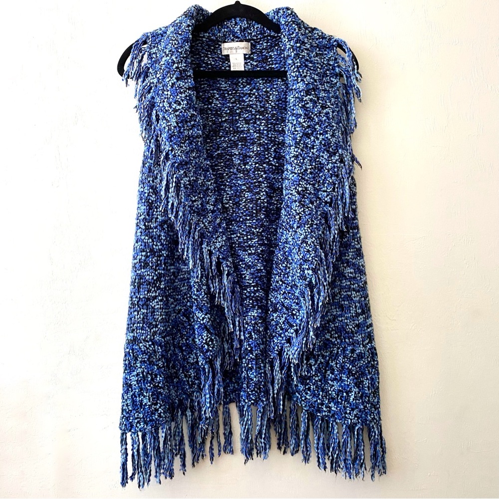 Blue Bohemian Crochet Fringe Sweater Sleeveless Cardigan Vest, L